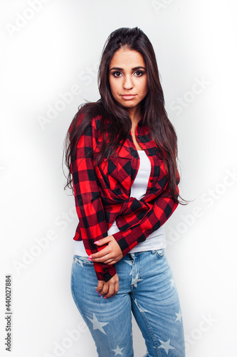 young happy smiling latin american teenage girl emotional posing on white background, lifestyle people concept