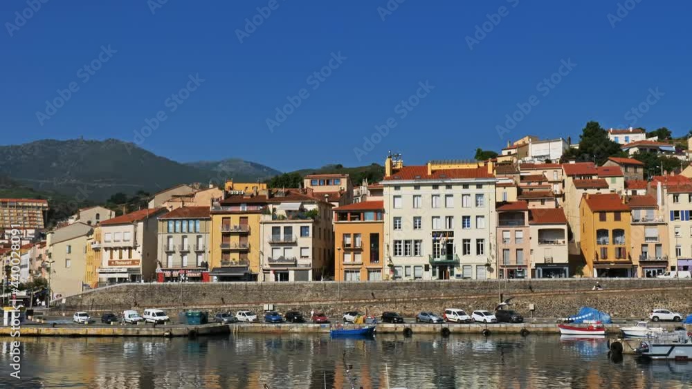 Port Vendres, Pyrenees Orientales, Occitanie, France.Traditional building along the fishing harbor. Port Vendres, Pyrenees Orientales, Occitanie, France.Traditional building along the fishing harbor.