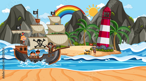 Beach at daytime scene with pirate kids cartoon character on the ship