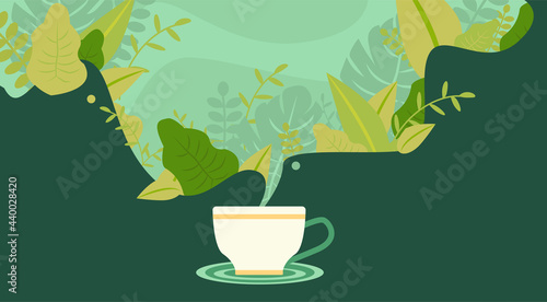 Herbal tea cup illustrated with beautiful leaves pouring into mug.  Editable flat vector illustration