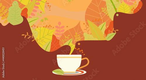 Herbal tea cup illustrated with beautiful autumn leaves pouring into mug.  Editable flat vector illustration
