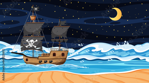 Ocean with Pirate ship at night scene in cartoon style