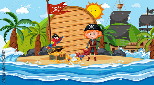 Empty wooden banner template with pirate kids at the beach daytime scene
