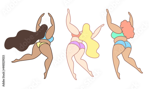 Beautiful chubby girls are dancing in bikinis. Vector set of figures of women with different skin tone and color of a swimsuit. The concept of body positive, healthy lifestyle and wellness