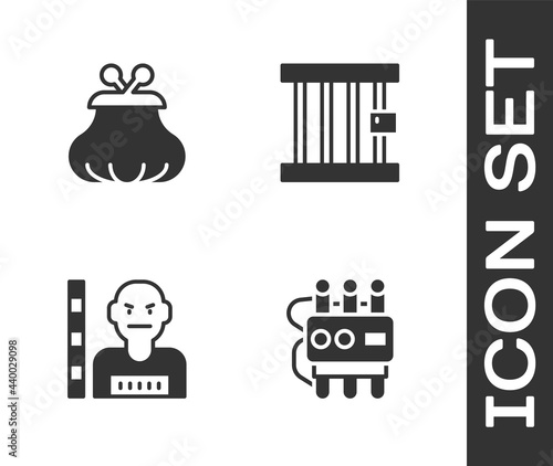 Set Dynamite and timer clock, Wallet, Suspect criminal and Prison window icon. Vector