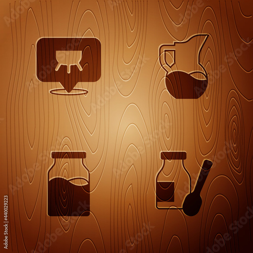 Set Drinking yogurt in bottle, Udder, Bottle with milk and Milk jug or pitcher on wooden background. Vector