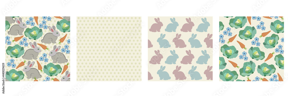 Vector collection of seamless patterns. Rabbits, carrot, cabbage, forget-me-not flowers, polka dots. Light yellow background. Rustic topic.