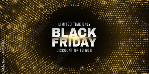 Glittering dotted background for Black Friday sale. Abstract, golden halftone effect. Fashion advertising promotion template. Commercial discount event. Vector business illustration.