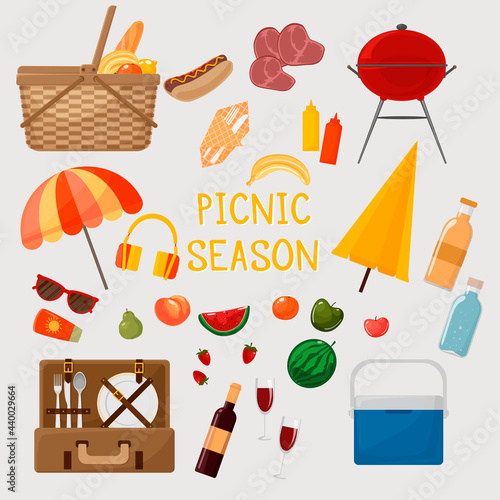 Vector illustration of a family picnic. Set of icons for summer, spring barbecue and picnic. Umbrella, picnic basket, suitcase with dishes, refrigerator, fruit, hot dog. Dinner, lunch in nature.