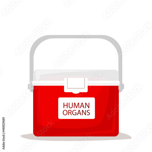 Portable fridge for transporting donor humans organs. Red cooler shipping box. Human organ for transplant and healthcare concept. Flat vector illustration for design of banners, posters, cards, flyers