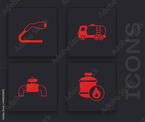 Set Propane gas tank, Electrical cable plug charging, Tanker truck and Metallic pipes and valve icon. Vector