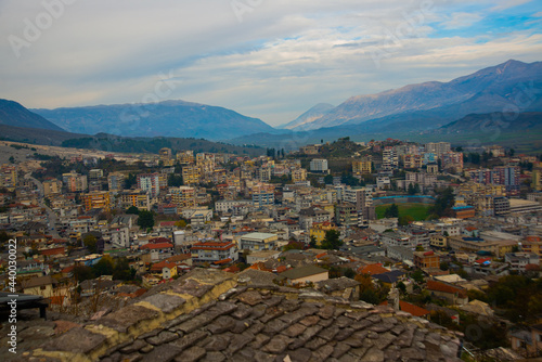 GJIROKASTRA, ALBANIA: Top view of the beautiful old town of Gjirokastra photo