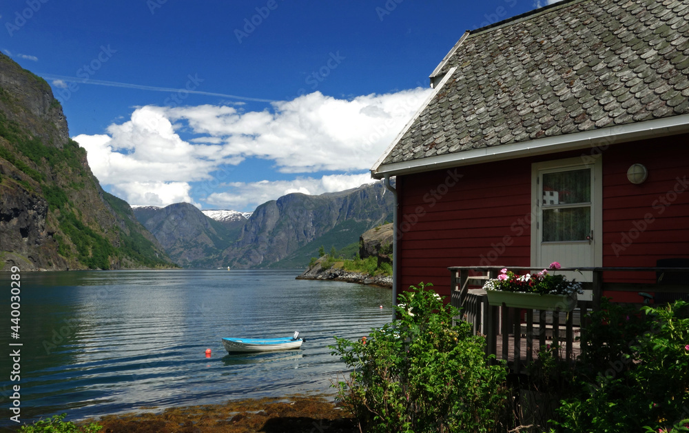 Fototapeta premium house on the lake, Flam, Norwegian fjords, Norway