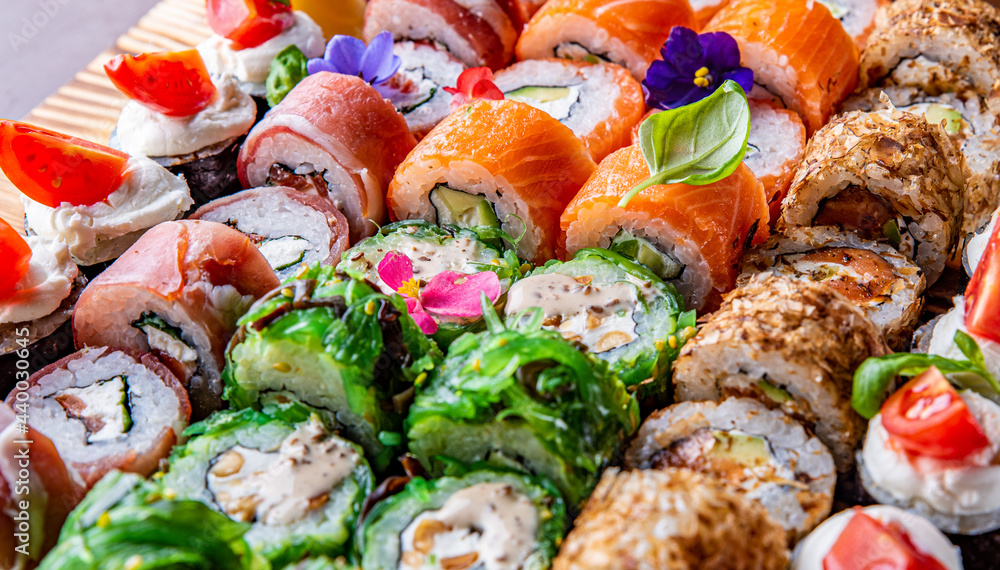 sushi roll in plate on wooden table background