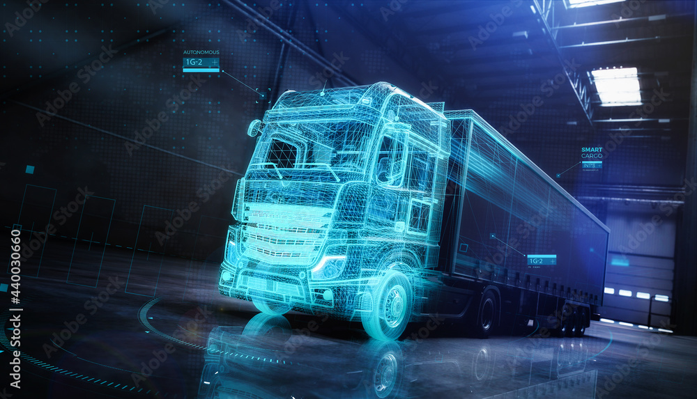 Futuristic truck with trailer scene with  wireframe intersection (3D Illustration) - obrazy, fototapety, plakaty 