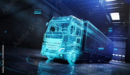 Futuristic truck with trailer scene with  wireframe intersection (3D Illustration) photo