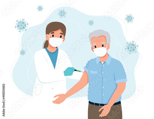 Vaccination for the elderly, senior man and a doctor with a syringe. Concept vector illustration in flat cartoon style