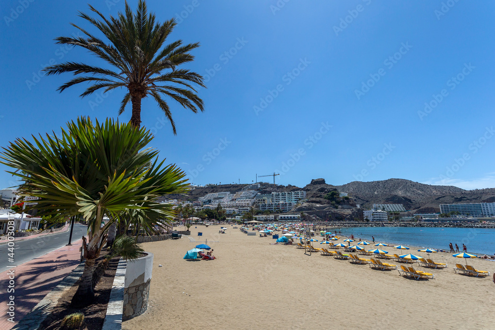 The village of Puerto Rico and the beach on Gran Canaria