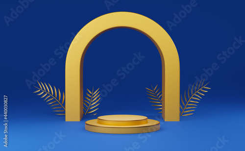 yellow podium empty with geometric shapes and gold color palm leaf in blue composition for modern stage display and minimalist mockup ,abstract showcase background ,3d render