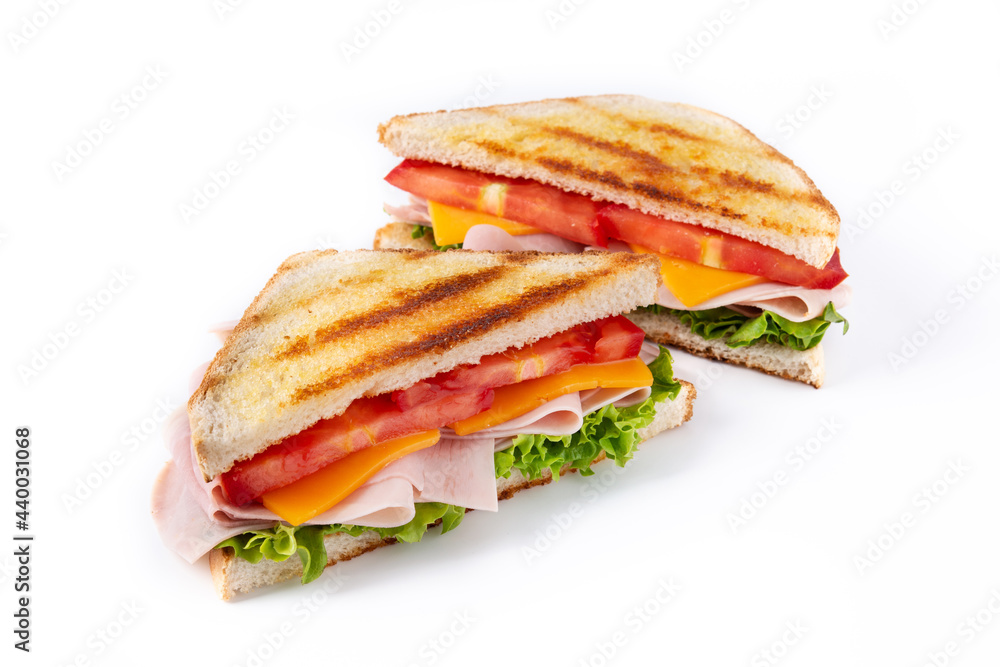 Sandwich with tomato,lettuce,ham and cheese isolated on white background.