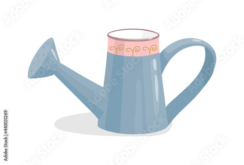 Pale blue watering can with ornament in a cartoon style. Colorful painted hand-drawn illustration of garden tool, equipment for manual irrigation. Isolated vector object for website, printed products