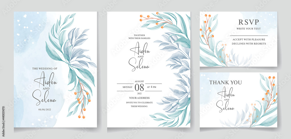 Watercolor wedding invitation card template set with beautiful leaves frame and border decoration. botanic illustration for card composition design.