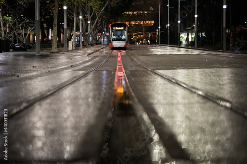 Photography Light rail appraoching night tram train lights city transport public commute rid