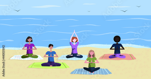 People doing yoga on beach. Beach yoga class. Healthy lifestyle, yoga  outdoors. Open air workout, physical exercising, asana. Flat vector illustration.