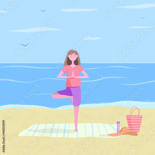 Young girl doing yoga on beach.  Healthy lifestyle, yoga  outdoors. Open air workout, physical exercising, asana. Flat vector illustration.