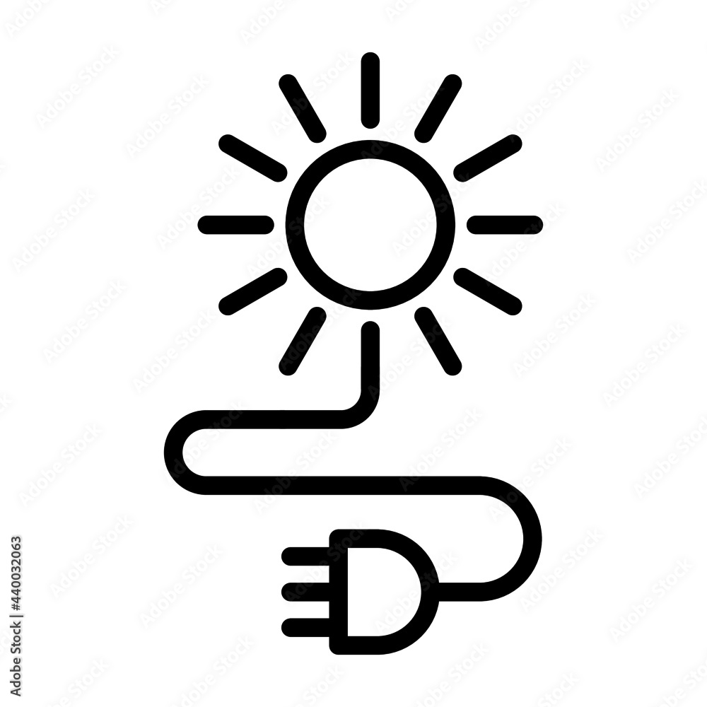 Vector high quality solar power line icon isolated on white. Sustainable green energy sun with plug concept Vector high quality solar power line icon isolated on white. Sustainable green energy sun with plug concept