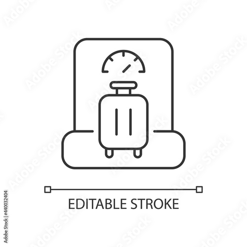 Baggage weight linear icon. Luggage weighing in airport. Traveller suitcase check. Thin line customizable illustration. Contour symbol. Vector isolated outline drawing. Editable stroke