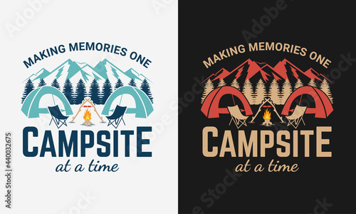 making memories one campsite at a time with campfire, mountain, vector modern logos of camping theme, suitable for apparel, mug, t-shirt design and many others, vector illustration