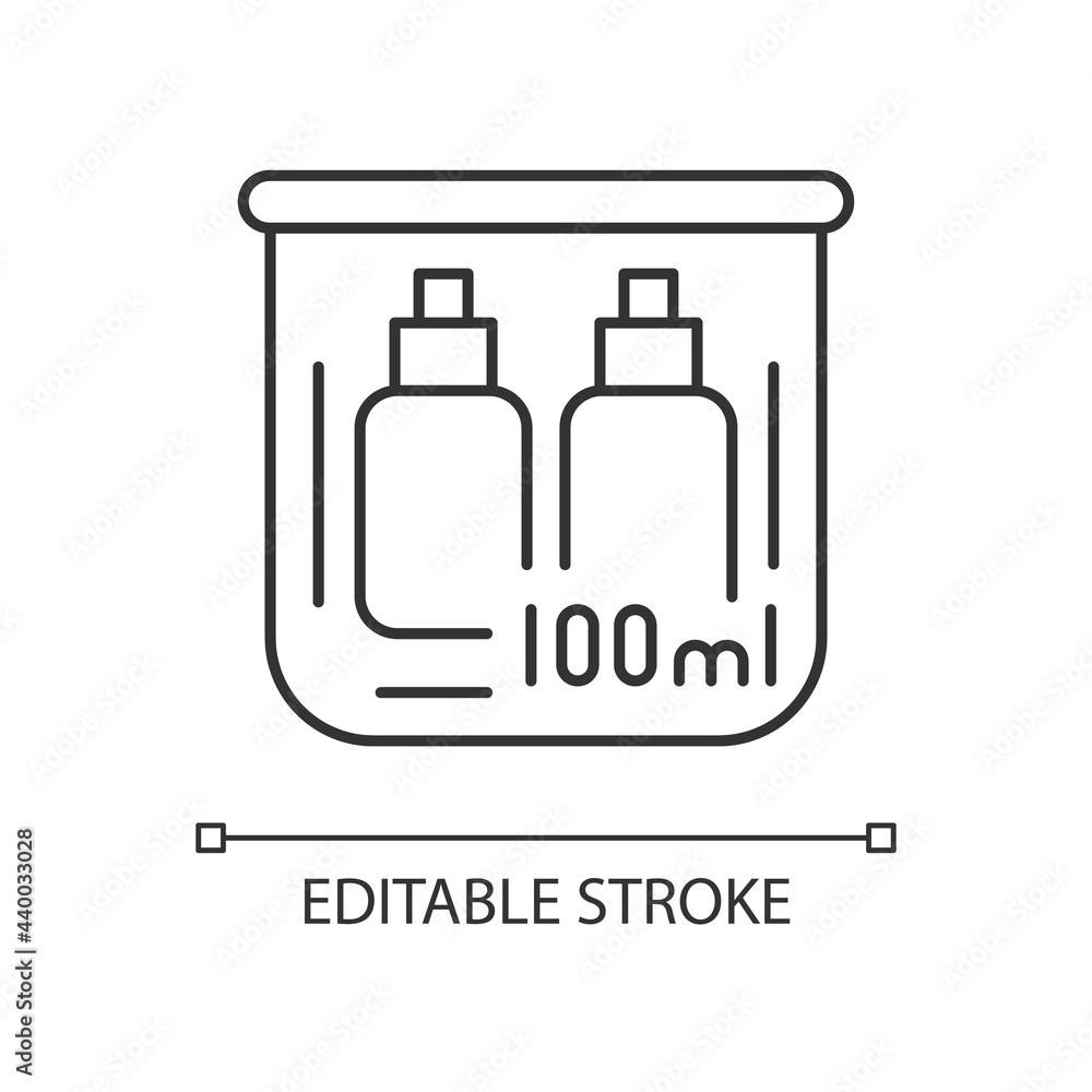 Travel size bottles 100 ml linear icon. Portable amenities with cosmetic products. Thin line customizable illustration. Contour symbol. Vector isolated outline drawing. Editable stroke Travel size bottles 100 ml linear icon. Portable amenities with cosmetic products. Thin line customizable illustration. Contour symbol. Vector isolated outline drawing. Editable stroke