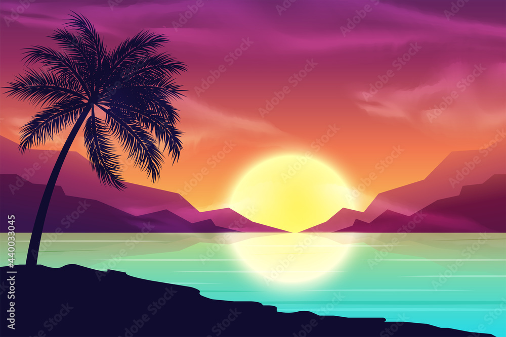 Summer holiday background with palms, sky and sunset. Summer placard poster flyer invitation card.