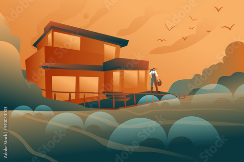 A woman next to a country house, behind a fence, an automatic irrigation system against the background of abstract nature. Shrubs on the background of clouds, the sky and birds. Gardening concept.