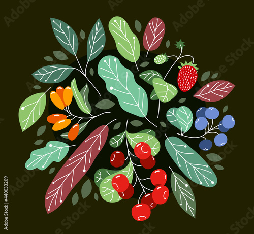 Wild berries fresh and ripe tasty healthy food with leaves vector flat style illustration over dark background, delicious vegetation diet eating, nature gifts.