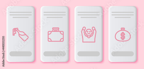 Set line Cocktail molotov, Briefcase and money, Thief surrendering hands up and Money bag. White rectangle button. Vector