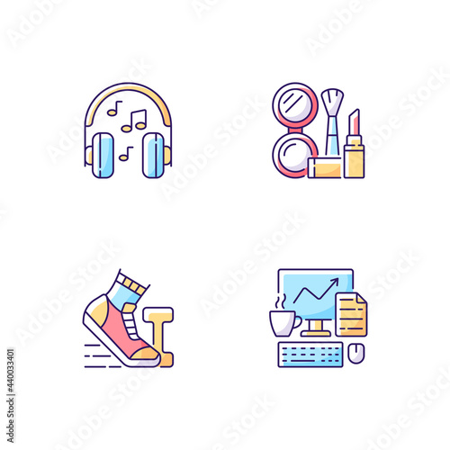 Everyday office worker routine RGB color icons set. Listening music in headphones. Makeup and cosmetic. Isolated vector illustrations. Daily schedule simple filled line drawings collection