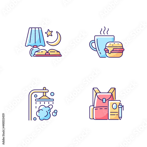 Everyday schedule and routine RGB color icons set. Evening reading. Lunch meal. Shower and bath. School backpack. Isolated vector illustrations. Daily activities simple filled line drawings collection