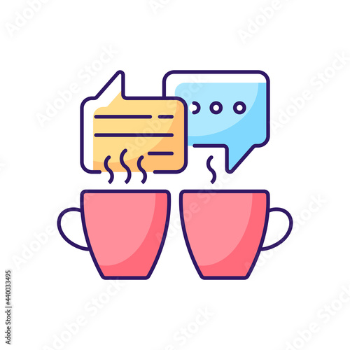 Socializing RGB color icon. Friends meeting over coffee. Talking over hot cafe drinks. Speech bubbles with two cups. Isolated vector illustration. Everyday routine simple filled line drawing