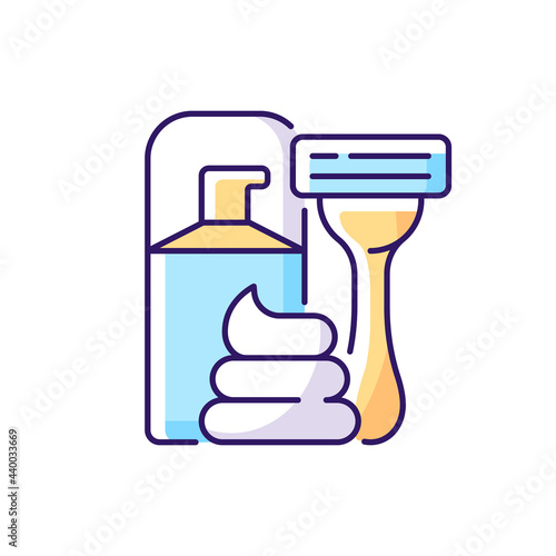 Razor and shaving cream RGB color icon. Facial skin care, hair removal for man. Lotion for aftershave. Isolated vector illustration. Everyday daily routine simple filled line drawing