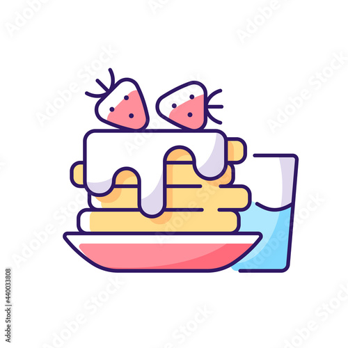 Breakfast RGB color icon. Sweet pancakes with coffee drink. Classic american diner order. Stack of cakes with cream. Isolated vector illustration. Everyday routine meal simple filled line drawing