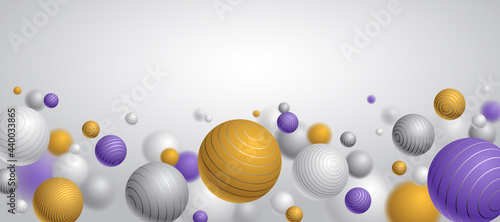 Realistic lined spheres vector illustration with blank copy space, abstract background with beautiful balls with lines and depth of field effect, 3D globes design concept art.