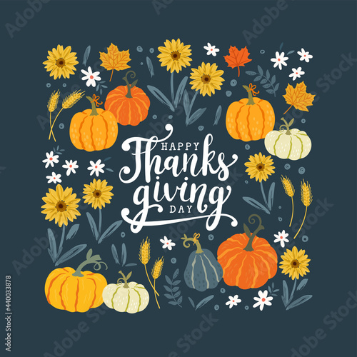 Lovely hand drawn Thanksgiving design with pumpkins and sunflowers, great for textiles, table cloth, wrapping, banners, wallpapers - vector design