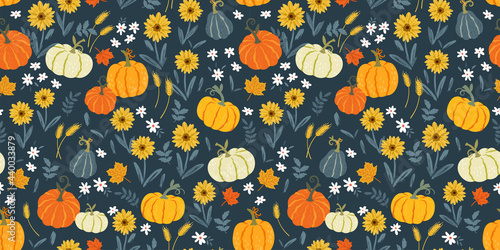 Lovely hand drawn Thanksgiving seamless pattern with pumpkins and sunflowers, great for textiles, table cloth, wrapping, banners, wallpapers - vector design