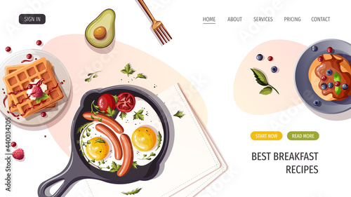 Pan with scrambled eggs and sausages, pancakes, waffles, avocado. Healthy eating, nutrition, diet, cooking, breakfast menu, fresh food concept. Vector illustration for banner, website, poster.