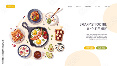 Pan with scrambled eggs, pancakes, yogurt, waffles, toast, donut, avocado. Healthy eating, nutrition, cooking, breakfast menu, fresh food concept. Vector illustration for banner, website, poster.