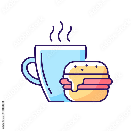 Lunch RGB color icon. Burger and drink in cup. Coffee mug with sandwich for dinner. Dining at cafe. Fast food order. Isolated vector illustration. Everyday routine simple filled line drawing