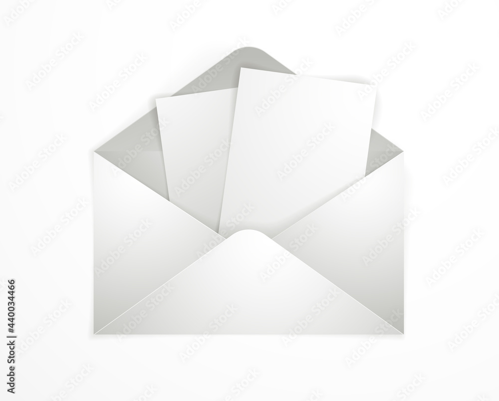 Postal envelope with blank card over white background realistic vector paper illustration, graphic design element message greeting mail. Postal envelope with blank card over white background realistic vector paper illustration, graphic design element message greeting mail.