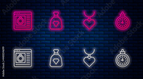 Set line Bag with gems, Necklace heart shaped pendant, Jewelry online shopping and Pocket watch. Glowing neon icon on brick wall. Vector